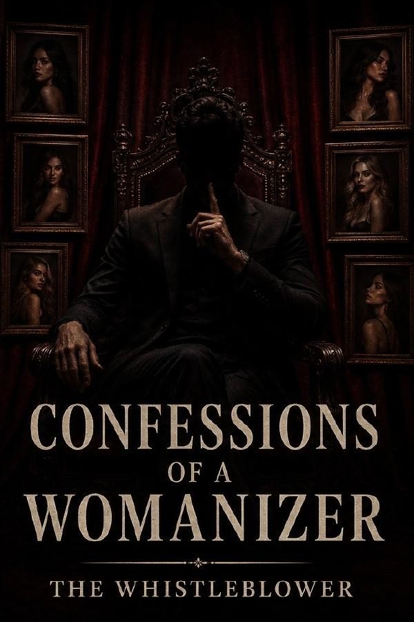 Cover of Confessions of a Womanizer by The Whistleblower: a seated figure in shadow with one finger raised to his lips, surrounded by framed portraits of women on a dark red wall.